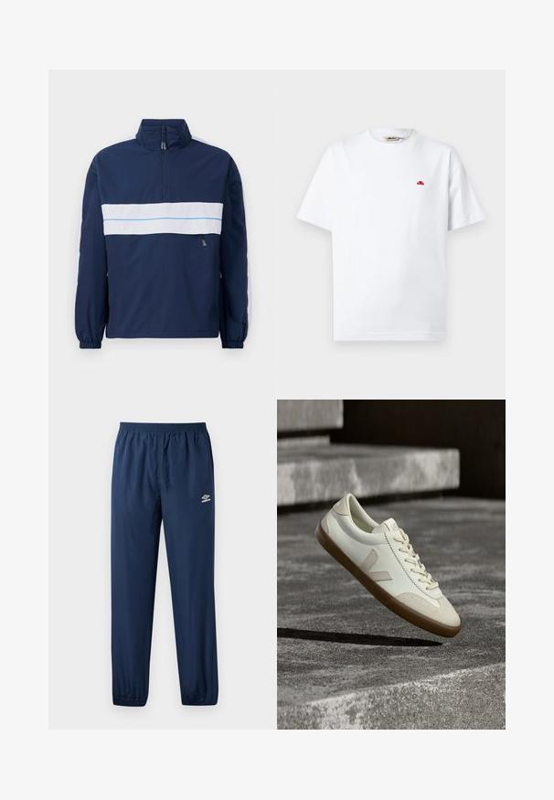 Marineblaues Pullover-Jackett mit hohem Kragen, ausgestattet mit einem weißen horizontalen Streifen und einem hellblauen Akzent über der Brust. Elastische Bündchen.; Weißes T-Shirt mit kurzen Ärmeln und Rundhalsausschnitt, vorne links mit kleinem rotem Logo und Markenetikett innen am Kragen.; Dunkelblaue Umbro Jogginghose mit elastischem Bund und Bündchen, seitlichen Taschen und Umbro-Logo am linken Oberschenkel.; Weiße Leder-Sneaker mit beige-gummiartiger Sohle, flachen Schnürsenkeln und V-förmigem Akzent an der Seite. Verfügt über eine glatte Oberfläche und minimale Nahtdetails.