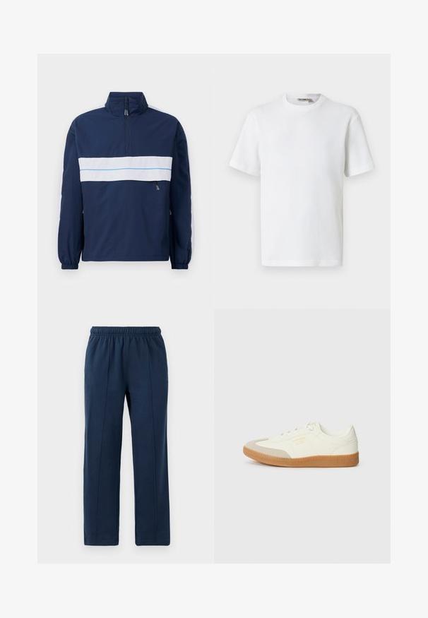 Veste à col montant bleu marine avec une rayure horizontale blanche et un accent bleu clair sur la poitrine. Poignets élastiques.; T-shirt blanc à manches courtes en maille gaufrée avec col rond, petite étiquette de marque à l'intérieur du col, présenté sur un fond uni.; Pantalons bleu marine à taille élastique avec une coupe décontractée. Présente des détails de couture verticaux et une texture en coton doux.; Baskets en cuir blanc avec une coque beige et une semelle en caoutchouc marron clair. Dotées de lacets blancs plats et d'un logo embossé sur le côté.