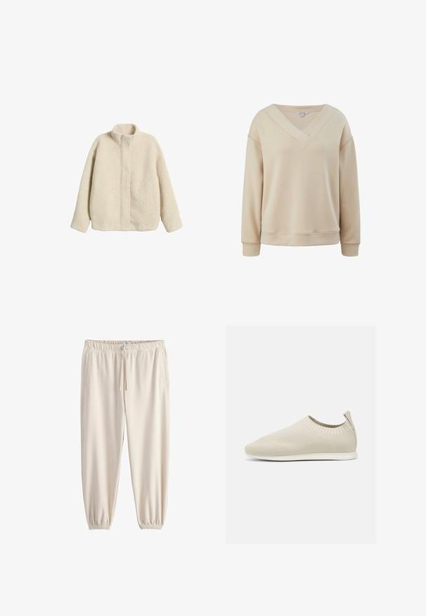Cremefarvet fleecejakke med høj krave, afslappet pasform og synlige sømme. Blød, struktureret overflade uden ekstra funktioner eller hardware.; Beige V-hals sweatshirt med lange ærmer, ribbede manchetter og en afslappet pasform. Glat tekstur med et afslappet design. Ingen mønstre eller detaljer.; Joggingbukser i cremefarve lavet af blødt stof, med elastisk talje, snørre og tilspidsede manchetter. Har sidelommer.; Beige strikket slip-on sko med lav profil, tekstureret overdel og fleksibel sål. Har et vævet design omkring anklene for komfort.