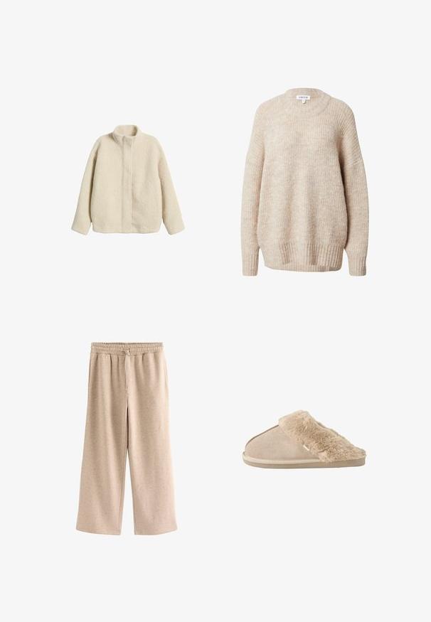 Veste en polaire de couleur crème avec un col montant, coupe décontractée et coutures visibles. Surface douce et texturée sans caractéristiques ou quincaillerie supplémentaires.; Pull en tricot beige avec un col rond, des épaules tombantes et des poignets et un ourlet côtelés. Il offre une coupe légèrement ample et texturée.; Pantalon beige à jambes larges avec taille élastique et cordon, en tissu doux et moucheté.; Chausson beige à enfiler avec extérieur en daim doux et doublure intérieure moelleuse et duveteuse ainsi qu'un revers, conçu pour le confort à l'intérieur.