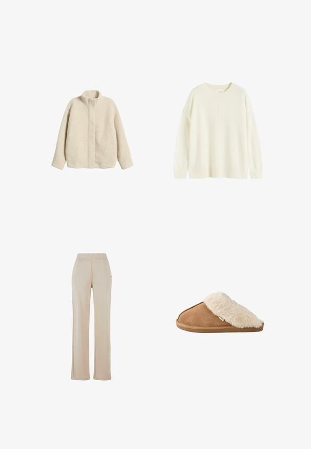 Veste en polaire de couleur crème avec un col montant, coupe décontractée et coutures visibles. Surface douce et texturée sans caractéristiques ou quincaillerie supplémentaires.; Pull en tricot ivoire avec un col rond, des coutures d'épaule tombantes et un ourlet côtelé. Doté d'un détail de couture central et d'une texture douce.; Pantalons de survêtement beige à jambes larges avec une taille élastique et des coutures latérales discrètes. Fabriqués à partir d'un matériau doux et texturé. Aucuns logos visibles.; Chausson marron à enfiler avec doublure et semelle en fausse fourrure beige douce, vue de côté sur fond blanc.