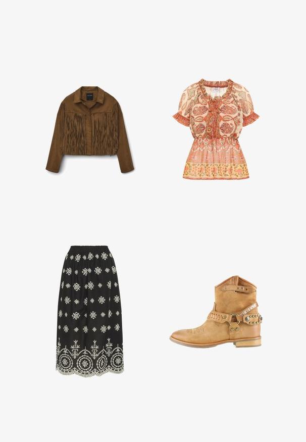 Braune Wildleder-Cropped-Jacke mit Fransenverzierungen an der Vorderseite und den Ärmeln, mit einem Kragen und Knopfverschluss.; Bluse mit gerafftem Ausschnitt und kurzen Ärmeln; zeichnet sich durch ein florales Paisley-Muster in Orange-, Weiß- und Goldtönen aus und hat eine taillierte Form.; Schwarzer Rock mit weißer floraler Stickerei, mit einem gerafften elastischen Bund und einem gewellten Saum mit detaillierten Mustern und Akzenten.; Heller Wildleder-Stiefelette mit genähter Zehendesign, dekorativen Riemen mit Metallnieten und niedrigem Holzabsatz auf weißem Hintergrund.