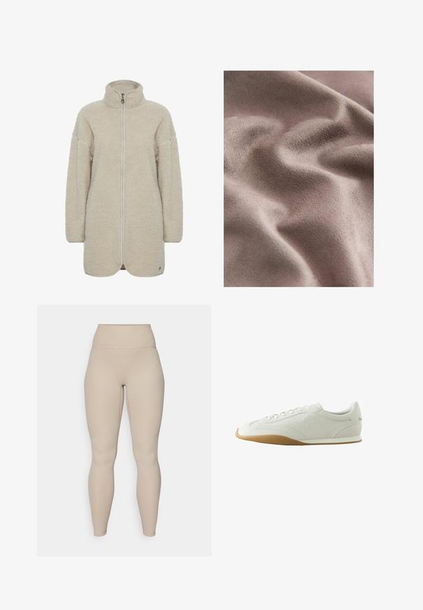 Oxmo OXTOVA TEDDY - Fleecejakke - oyster; Blød, tekstureret stof i en dæmpet lyserød farve, der viser bløde folder og kræmmer. Overfladen synes glat med en let glans.; Beige høj talje leggings med ribbet tekstur, der har en glat talje og tætsiddende ben, designet til komfort og fleksibilitet.; Hvid lav sneaker med brun gummisål, syningsdetaljer, snørelukning foran og broderet logo på siden.