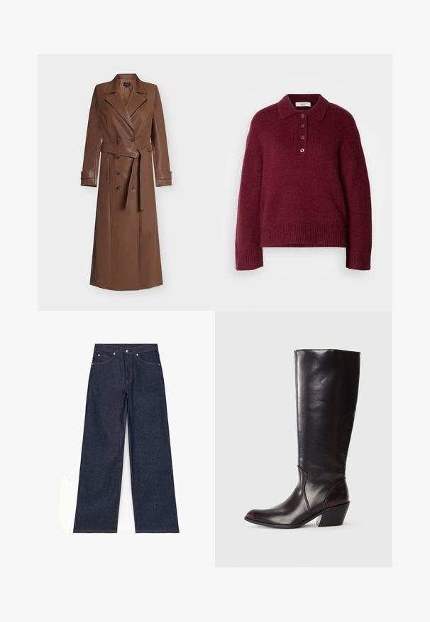 Long manteau trench en cuir marron avec boutons croisés, larges revers, taille ceinturée et détails aux poignets, présenté sur fond blanc.; Pull en maille bordeaux avec col polo, fermeture à cinq boutons et poignets et ourlet côtelés. Couche confortable et coupe décontractée.; Jean denim bleu foncé à jambes larges avec bouton à l'avant, fermeture éclair et poches avant et arrière, présenté à plat sur fond blanc.; Botte en cuir brun foncé, à hauteur de genou, avec un bout pointu, un talon bloc angulaire et une texture lisse et brillante. Présente un design épuré et des détails de couture.