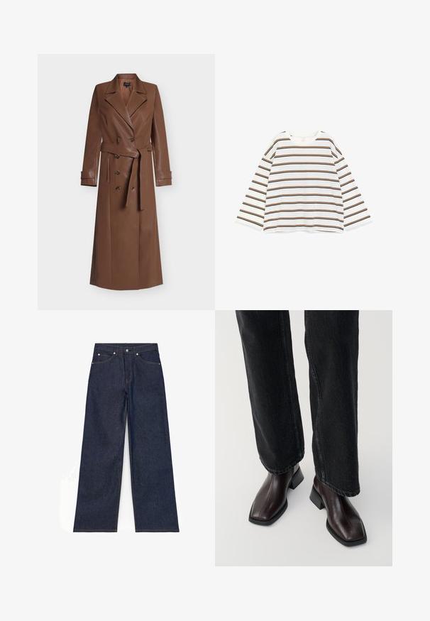 Long manteau trench en cuir marron avec boutons croisés, larges revers, taille ceinturée et détails aux poignets, présenté sur fond blanc.; Chemise blanche à manches longues avec des rayures horizontales noires et brunes et un col rond, étalée à plat sur un fond blanc.; Jean denim bleu foncé à jambes larges avec bouton à l'avant, fermeture éclair et poches avant et arrière, présenté à plat sur fond blanc.; Bottines en cuir marron avec un orteil carré et un talon carré, associées à un jeans noir à jambes larges. Texture lisse et design minimaliste.