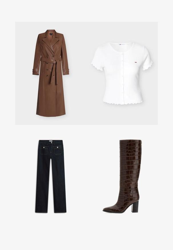 Long manteau trench en cuir marron avec boutons croisés, larges revers, taille ceinturée et détails aux poignets, présenté sur fond blanc.; Haut blanc à manches courtes côtelé avec un col et un ourlet festonnés. Présente une patte de boutonnage à l'avant et un petit logo brodé sur la poitrine.; Jean en denim bleu foncé avec une coupe droite, comprenant deux poches avant et des surpiqûres apparentes. Aucun signe d'usure visible.; Botte en cuir marron gaufré croco, arrivant à mi-mollet, avec un bout pointu et un talon épais, présentant une finition lisse et élégante ainsi qu'un motif texturé.