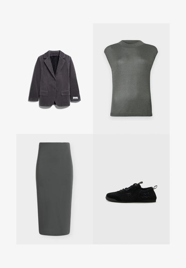 Blazer de pana gris con solapa de muesca, dos bolsillos frontales, cierre de un botón y etiqueta en la manga. Tejido texturizado y corte entallado.; Top corto de manga larga de un gris metálico y oscuro con un cuello alto. Hecho de un material elástico y ligeramente reflectante. Textura suave y diseño ajustado.; Falda lápiz gris oscuro de talle alto con corte recto a la rodilla y textura de tela lisa, mostrada sobre un fondo blanco.; Zapatillas deportivas negras con parte superior de malla, acentos de ante y una suela texturizada. Diseño ligero con una silueta de perfil bajo.