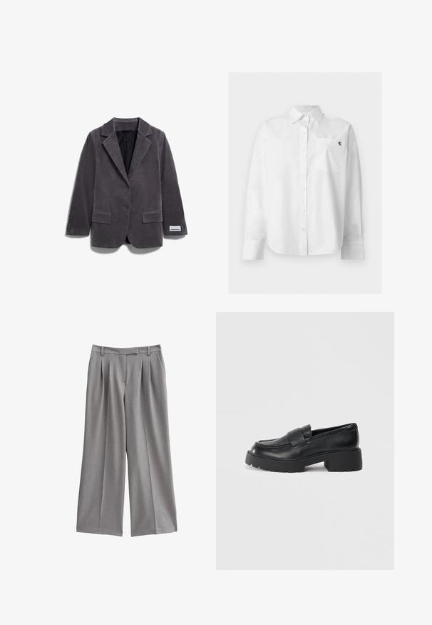 Blazer de pana gris con solapa de muesca, dos bolsillos frontales, cierre de un botón y etiqueta en la manga. Tejido texturizado y corte entallado.; Camisa blanca de manga larga con botones, cuello puntiagudo y bolsillo delantero con pequeño logo negro "CK" en el pecho izquierdo.; Pantalones de pierna ancha grises con un frente plisado, hechos de una tela suave. Presentan una cinturilla plana con cinturas y bolsillos laterales.; Mocasines de cuero negro con un acabado texturizado, que cuentan con una correa rectangular sobre el empeine y un diseño de suela gruesa y dentada.