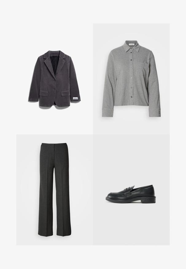 Blazer de pana gris con solapa de muesca, dos bolsillos frontales, cierre de un botón y etiqueta en la manga. Tejido texturizado y corte entallado.; Camisa gris de botones hecha de tela suave, con cuello, manga larga, un bolsillo en el pecho y un puño abotonado con detalle del logo.; Pantalones de pierna ancha en gris oscuro, hechos de tejido texturizado. Cuentan con una cinturilla ajustada y un sutil patrón de rayas.; Mocasines de cuero negro con punta redondeada, detalles de costura y un pequeño tacón. Textura suave y suela de goma flexible.