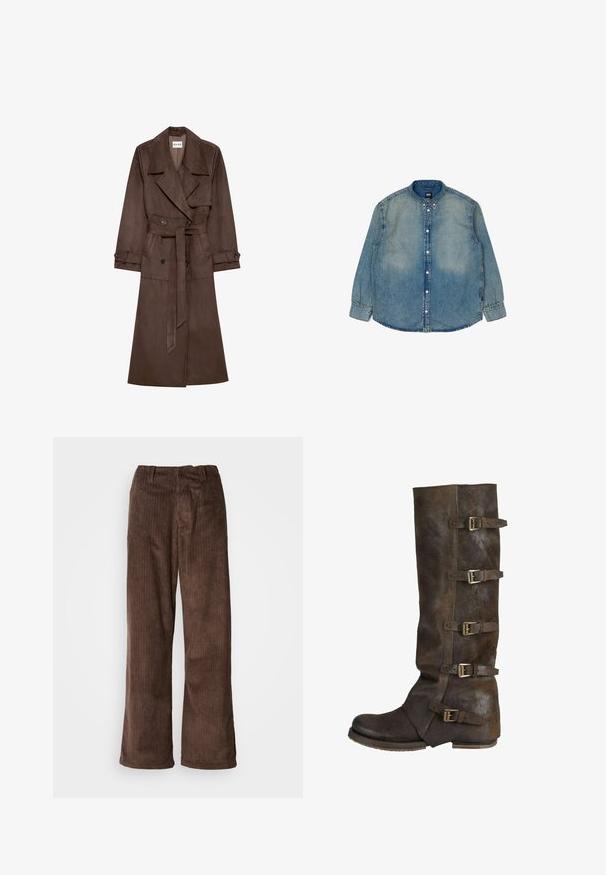 Brauner Kunstsuede Trenchcoat mit Gürtel, breitem Kragen, langen Ärmeln und doppelter Knopfleiste. Glatte Textur und taillierte Passform.; Hellblaues Jeanshemd mit langen Ärmeln, Knopfleiste, klassischem Kragen und subtiler Ausbleichung. Verfügt über gestickte Details entlang der Nähte.; Braune Corduroy-Hosen mit weitem Bein, die vertikale Rippungen und einen Bund aufweisen. Der Stoff hat ein weiches, strukturiertes Aussehen.; Braune Lederstiefel bis zum Knie mit strukturiertem Finish, ausgestattet mit vier verstellbaren Schnallen an der Seite und einem abgerundeten Zehendesign.