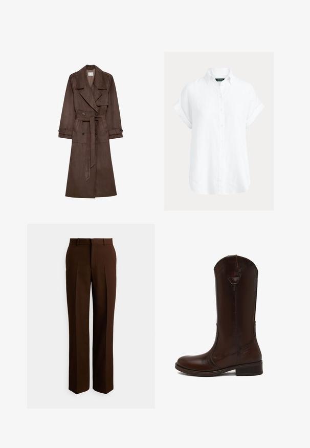 Abrigo trench de ante sintético marrón, con cinturón, cuello ancho, mangas largas y botones dobles en la parte delantera. Textura suave y corte entallado.; Camisa de lino blanca de manga corta con botones, con cuello clásico y puños remangados, que presenta una textura sutil y un ajuste relajado.; Pantalones marrones a medida con diseño de pierna recta, confeccionados en tela suave, con pliegues y una pretina estándar con trabillas para cinturón.; Botín de cuero marrón hasta la rodilla con punta redondeada, tacón resistente y detalles de costura lateral. Cuenta con una tira en la parte superior para facilitar su puesta.
