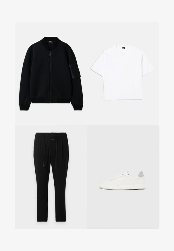 Veste bomber noire à fermeture éclair avec col et poignets côtelés, dotée d'une poche zippée sur le bras et d'une texture lisse.; T-shirt blanc à manches courtes en coton. Présente un col rond classique, une coupe décontractée et aucun motif ni graphique visible.; CLOSED VIGO TAPERED - Chino - dark night; Baskets basses blanches avec un onglet de talon gris, des lacets blancs et une semelle texturée, présentées sur un fond uni clair.