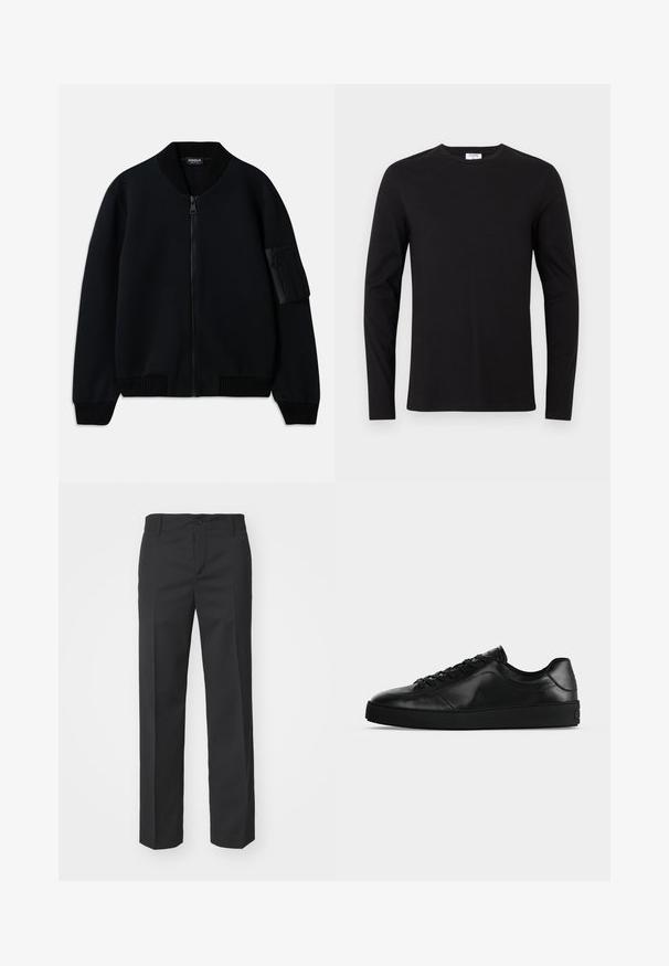 Veste bomber noire à fermeture éclair avec col et poignets côtelés, dotée d'une poche zippée sur le bras et d'une texture lisse.; T-shirt noir à manches longues en coton, doté d'un col rond et d'un design simple sans motifs ni ornements visibles.; Filippa K TROY TROUSERS - Pantalon classique - black; Sneaker noir en cuir à profil bas avec lacets sur le devant et semelle plate texturée, montré de profil sur un fond neutre.