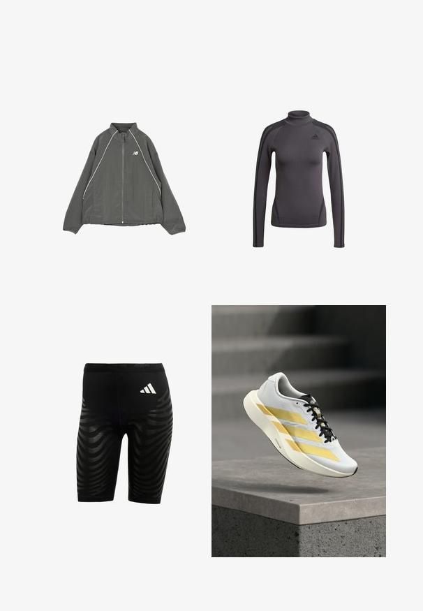 Γκρι μπουφάν New Balance με φερμουάρ, με λευκή ρίγα κατά μήκος των ώμων και ελαστικά μανσέτες, σχεδιασμένο για καθημερινή ή αθλητική χρήση.; Γκρι μακρυμάνικο τοπ με ψηλό γιακά, με υφασμάτινη υφή και μαύρες γραμμές στο ύψος των ώμων, με λογότυπο Adidas στο στήθος.; Μαύρα αθλητικά σορτς με υφασμάτινο σχέδιο που διαθέτει κυματιστές ρίγες. Λευκό λογότυπο στη μέση, κατασκευασμένα από υλικό απορρόφησης υγρασίας.; Λευκό αθλητικό παπούτσι με χρυσές ρίγες και μαύρα κορδόνια, αιωρούμενο πάνω από μια γκρίζα τσιμεντένια ακμή με θολά σκαλοπάτια στο φόντο.