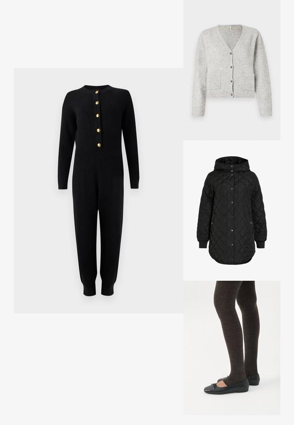 Zwarte gewatteerde jas met een capuchon, voorzien van een knoopsluiting, ribgebreide manchetten en een langere zoom. De stof is soepel met een matte afwerking.; Zwart geribd gebreid jumpsuit met lange mouwen, gouden knopen aan de voorkant, een getailleerde taille en taps toelopende pijpen die eindigen in manchetten.; Lichtgrijze gebreide cardigan met V-hals, lange mouwen, vier knopen aan de voorkant, geribde boorden en zoom, en twee voorzakken.; Benen met donkere geribbelde leggings gecombineerd met zwarte ballerina's met kleine strikdetails op een witte achtergrond.