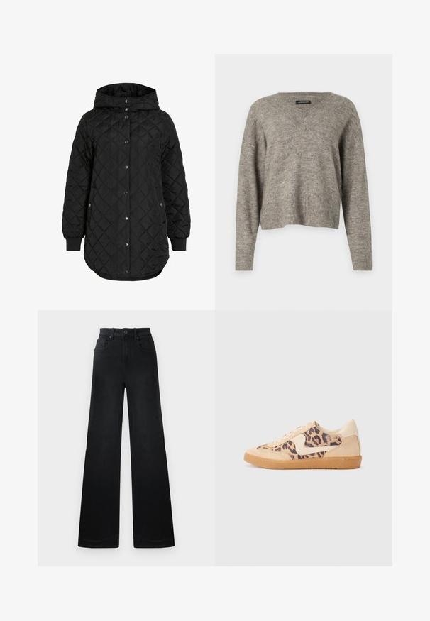 Sort quiltet jakke med hætte, der har knaplukning, ribbede manchetter og en længere forneden. Stofoverfladen er glat med en mat finish.; V-hals, langærmet sweater i lysegrå strikket stof med ribbet kant. Let vægt, let cropped design med afslappet pasform.; Bredde bukser i sort denim med en tætsiddende talje, udstyret med bæltestropper, for- og baglommer samt en glat tekstur.; Leopardprint sneakers med beige ruskindsoverdel, tan gummisål og hvide detaljer. Rund pegefinger og snørebåndsdesign med en tekstureret finish.