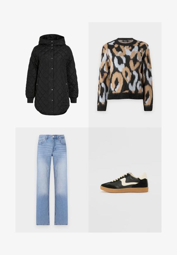 Zwarte gewatteerde jas met een capuchon, voorzien van een knoopsluiting, ribgebreide manchetten en een langere zoom. De stof is soepel met een matte afwerking.; Leopardprint trui met een ronde halslijn, lange mouwen en een mix van zwart, bruin en lichtblauwe kleuren, gemaakt van gestructureerde breiware.; Lichtblauwe denim jeans met een rechte pijpdesign, kenmerkend door een vervaagde was aan de onderste helft en klassieke vijf-pocketstyling.; Zwarte suède en leren sneaker met een crèmekleurige zij-swoosh en lichte crèmekleurige hiel. Voorzien van beige veters en een gumrubberen zool.