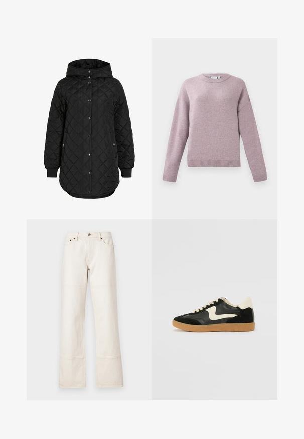 Sort quiltet jakke med hætte, der har knaplukning, ribbede manchetter og en længere forneden. Stofoverfladen er glat med en mat finish.; Langærmet crewneck sweater i blød lavendelstrik med ribbede manchetter og kant, vist mod en hvid baggrund.; Viddebenede, høj talje jeans lavet af beige denim. Har lommer, en front knaplukning og kontrasterende syninger langs sømmene.; Sorte ruskinds- og lædersneakers med en cremefarvet side-swoosh og lys cremefarvet hæl. Har beige snørebånd og en gummirubber-sål.