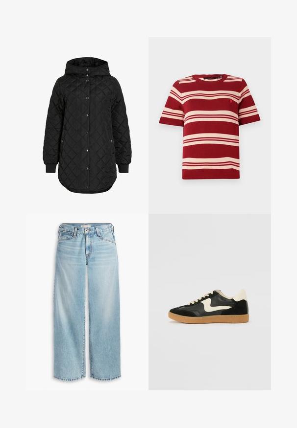 Chaqueta negra acolchada con capucha, que presenta un cierre de botón, puños canalé y un dobladillo más largo. La tela es suave con un acabado mate.; Suéter corto de manga corta a rayas rojas con rayas horizontales en color crema y un pequeño emblema cerca del pecho. Cuello y puños acanalados.; Jeans de mezclilla de pierna ancha en un azul claro, con cintura alta, cierre de botón y dobladillo deshilachado. Costuras visibles y bolsillos.; Zapatillas de deporte de ante y cuero negro con un swoosh lateral en crema y un talón en crema claro. Presenta cordones beige y una suela de goma marrón.