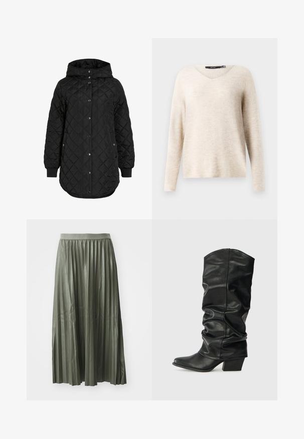 Sort quiltet jakke med hætte, der har knaplukning, ribbede manchetter og en længere forneden. Stofoverfladen er glat med en mat finish.; Beige v-hals sweater med lange ærmer, lavet af tekstureret strikstof. Har en afslappet pasform og ribbede detaljer langs kanterne.; Plisseret midi-nederdel i dæmpet grøn, lavet af glat stof. Har en elastisk talje og falder til midt på læggen med jævnt fordelte lodrette plisseringer.; Sorte læderknæhøje støvler med et skrånet design, spids tå og chunky hæl, der har en glat overflade og minimal syning.