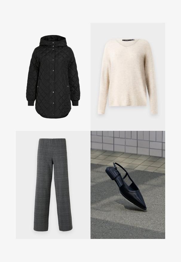 Chaqueta negra acolchada con capucha, que presenta un cierre de botón, puños canalé y un dobladillo más largo. La tela es suave con un acabado mate.; Jersey de color beige con cuello en V y mangas largas, hecho de tejido de punto texturizado. Presenta un ajuste relajado y detalles de canalé en los bordes.; Vero Moda VMBERLIN WIDE PANT - Pantalones - dark grey/black; Zapato plano negro de punta puntiaguda con tiras traseras flotando sobre una superficie de asfalto junto a una acera con baldosas.