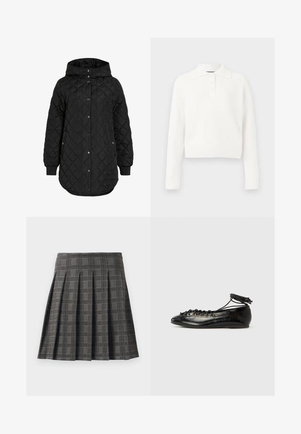 Schwarze gesteppte Jacke mit Kapuze, ausgestattet mit einem Knopfverschluss, gerippten Bündchen und einem längeren Saum. Der Stoff ist glatt mit matter Oberfläche.; Weißer gerippter Strickpolo-Pullover mit langen Ärmeln, Kragen und einer Knopfleiste mit drei Knöpfen. Er hat ein cropped Design und eine weiche Textur.; Faltenrock in einem grauen Karomuster, aus einem strukturierten Stoff gefertigt. Verfügt über vertikale Falten und einen geraden Saum.; Schwarze Ballerinas aus Lackleder mit runder Spitze, Schnürdesign und flacher Sohle. Glatte Textur mit minimaler Verzierung.