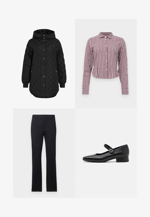 Chaqueta negra acolchada con capucha, que presenta un cierre de botón, puños canalé y un dobladillo más largo. La tela es suave con un acabado mate.; Camisa de botonadura de manga larga en un patrón de cuadros rosa y morado. Presenta un cuello, un dobladillo curvado y una textura de tejido suave.; Pantalones negros de pierna recta con presillas, botón frontal y cierre de cremallera, mostrados sobre un fondo blanco liso.; Zapatos Mary Jane de cuero negro con puntera de charol, correa de tobillo ajustable y tacón bajo. Textura suave y diseño elegante.