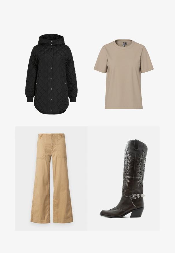 Zwarte gewatteerde jas met een capuchon, voorzien van een knoopsluiting, ribgebreide manchetten en een langere zoom. De stof is soepel met een matte afwerking.; Beige katoenen T-shirt met een ronde hals, korte mouwen en een relaxte pasvorm. Kenmerkt zich door minimale stiksels en geen zichtbare patronen of accenten.; Beige wijde broek van katoen met twee voorzakken, dubbele knopen in de taille en een eenvoudige ontwerp.; Zwarte leren cowboylaars met decoratieve uitsnijdingen, zilveren gesp en schuine hak, weergegeven op een witte achtergrond.
