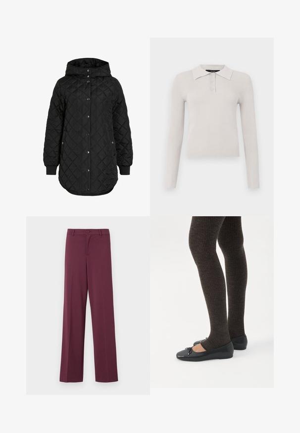 Zwarte gewatteerde jas met een capuchon, voorzien van een knoopsluiting, ribgebreide manchetten en een langere zoom. De stof is soepel met een matte afwerking.; Lichtgrijze lange mouwen polo met ribbelstructuur, twee-knopen sluiting en een klassieke kraag. Zachte stof met een getailleerd ontwerp.; Bordeaux wijde broek, gemaakt van soepele stof. Voorzien van een knoopsluiting en klassieke zakken. Eenvoudig ontwerp zonder patronen of accenten.; Benen met donkere geribbelde leggings gecombineerd met zwarte ballerina's met kleine strikdetails op een witte achtergrond.