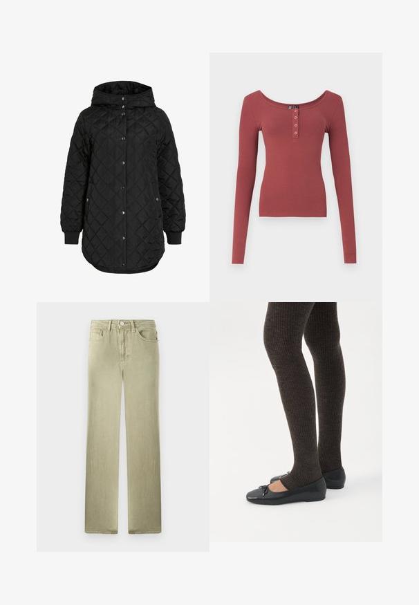 Schwarze gesteppte Jacke mit Kapuze, ausgestattet mit einem Knopfverschluss, gerippten Bündchen und einem längeren Saum. Der Stoff ist glatt mit matter Oberfläche.; Staubrosa, gerippte Langarmbluse mit Rundhalsausschnitt und vier silbernen Druckknöpfen an der Vorderseite, flach auf weißem Hintergrund präsentiert.; Beige Jeans mit geradem Bein, Vorder- und Gesäßtaschen, Knopf- und Reißverschluss, vor weißem Hintergrund präsentiert.; Beine in dunklen, gerippten Leggings kombiniert mit schwarzen Ballerinas mit kleinen Schleifendetails auf weißem Hintergrund.