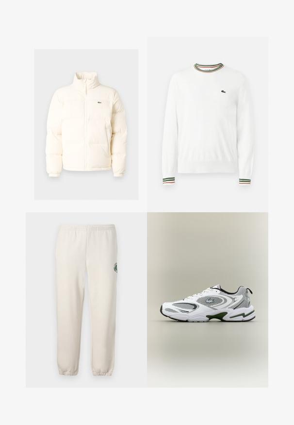 Chaqueta acolchada blanca con un alto cuello, que presenta una cremallera frontal, puños elásticos y un pequeño logotipo verde en el lado izquierdo del pecho.; Suéter blanco con cuello redondo, que presenta acentos de rayas verdes, rojas y naranjas en el cuello y las mangas. Logo de Lacoste en el pecho.; Pantalones de chándal de color beige claro, hechos de algodón, con una cinturilla elástica, puños acanalados y un logo verde con diseño de hoja en la pierna izquierda.; Zapatilla deportiva de running en blanco y gris, con paneles de malla, acentos verdes, detalles en negro y un logo en el costado, vista desde el lado exterior.