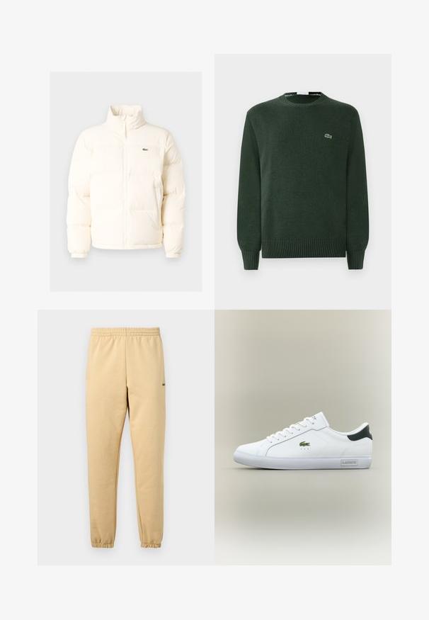 Chaqueta acolchada blanca con un alto cuello, que presenta una cremallera frontal, puños elásticos y un pequeño logotipo verde en el lado izquierdo del pecho.; Suéter de punto verde con cuello redondo, puños y dobladillo acanalados, que presenta un pequeño logo bordado de cocodrilo en el pecho.; Pantalones jogger beige con cintura y puños elásticos, que presentan un pequeño logo de cocodrilo verde bordado en el muslo derecho.; Zapatilla baja blanca con logo de cocodrilo verde en el lateral, talón negro, cordones blancos y etiqueta de "Lacoste" en el borde de la suela.