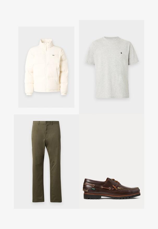 Doudoune blanche avec un col haut, dotée d'une fermeture éclair sur le devant, de poignets élastiques et d'un petit logo vert sur la poitrine gauche.; T-shirt en coton gris clair à manches courtes, col rond et un petit logo noir sur la poitrine gauche. Texture lisse.; Pantalons vert olive en coton, à coupe droite, avec poches avant, fermeture à bouton et texture lisse.; Chaussure bateau en cuir marron foncé avec des détails de lacets, bout mocassin cousu, semelle en caoutchouc noire, et petite étiquette verte de la marque Polo sur le côté.