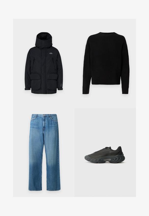 Sort isoleret parka-jakke med høj krave, justerbar hætte, to store forlommer og en lynlåslomme i siden til opbevaring.; Sort strikket sweater med rund hals, lange ærmer og ribbet tekstur. Simpelt design, tykt materiale og en smule løs pasform.; Lyseblå vidde bukser i denim. Har en midtalje, fem-lomme design og en falmet vask med synlige syninger.; Sort sportssko med mesh- og syntetisk overdel, slankt design, tykk buet sål og teksturerede detaljer på siderne og tåen.