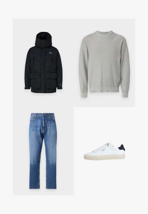 Sort isoleret parka-jakke med høj krave, justerbar hætte, to store forlommer og en lynlåslomme i siden til opbevaring.; Lysegrå, langærmet sweater med rund hals, tekstureret strikkemønster samt ribstrikkede manchetter og kant.; Blå denim jeans med en gradvis lysnende effekt mod kanten, lige ben design, fem lommer og metal knaplukning.; Hvid lavtop-sneaker med beige sål, hvide snørebånd, sort hælkappe og "Pepe Jeans London"-logo på siden.
