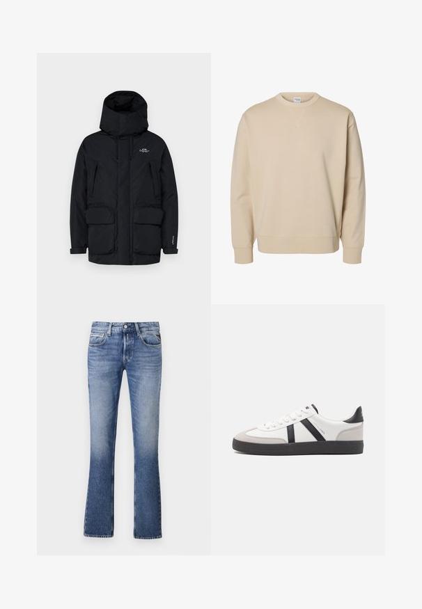 Parka noire isolée avec un col haut, une capuche ajustable, deux grandes poches avant et une poche latérale zippée pour le rangement.; Sweat-shirt beige à col rond, manches longues, poignets et ourlet côtelés, avec un petit détail en V cousu sous le col.; Jean en denim bleu clair avec un design évasé, comportant cinq poches, une fermeture à bouton à l'avant et un léger délavage sur l'ensemble.; Baskets blanches avec des accents noirs et gris, présentant un embout texturé gris, une semelle en caoutchouc noir et des lacets plats blancs. Design épuré, style minimaliste.