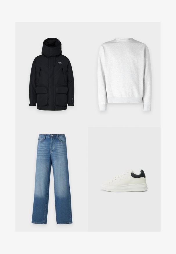 Parka noire isolée avec un col haut, une capuche ajustable, deux grandes poches avant et une poche latérale zippée pour le rangement.; Sweatshirt gris clair à col rond, fabriqué en molleton doux, avec des poignets et un ourlet côtelés, et une finition lisse.; Jean droit taille haute bleu avec des dégradés au niveau des cuisses et une teinte plus foncée près des ourlets, avec un bouton avant et des poches visibles.; Baskets en cuir blanc avec un accent noir au talon, bout rond, semelle blanche plate et fermeture à lacets. Perforations minimales sur les côtés.