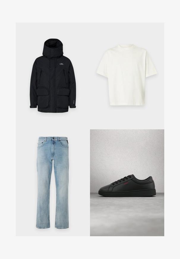 Sort isoleret parka-jakke med høj krave, justerbar hætte, to store forlommer og en lynlåslomme i siden til opbevaring.; Kortærmet, ensfarvet hvid t-shirt med løs pasform og rund halsudskæring, vist på en lysegrå baggrund.; Lyseblå denim jeans med en afslappet pasform, der har subtile slidte detaljer og et klassisk fem-lomme-design.; Sort lav sneaker med sorte snørebånd og rød "HUGO"-logo på siden, ophængt over en grå reflekterende gulv.