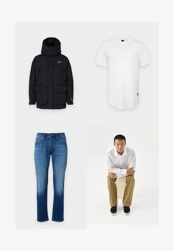 Sort isoleret parka-jakke med høj krave, justerbar hætte, to store forlommer og en lynlåslomme i siden til opbevaring.; Hvid kortærmet t-shirt lavet af bomuld, med rund halsudskæring og en let forlænget ryg, samt en lille logoaccent på siden.; Blå denimjeans med lige snit, blød tekstur, fem lommer og knaplukning. Stoffet har en slidte effekt.; Ung mand i hvidt stribet skjorte og khakibukser sidder fremadlænet på en skammel med armene krydset, og ser direkte frem på en hvid baggrund.
