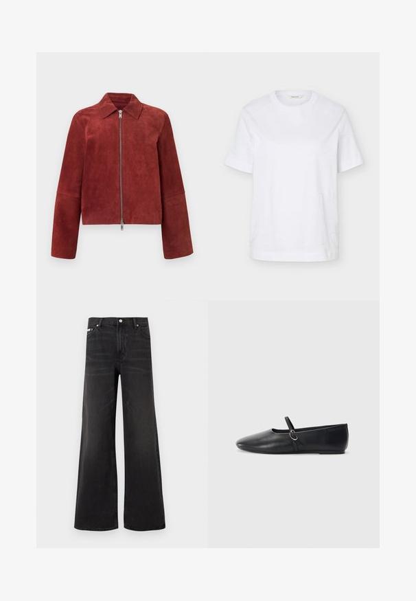 Veste en daim rouge rouille avec fermeture éclair argentée à l'avant et col pointu, manches longues et ourlet droit.; T-shirt blanc à manches courtes col rond avec un subtil motif ondulé cousu et une petite étiquette beige à l’intérieur du col.; Jean en denim noir à jambes larges avec fermeture avant par bouton et zip, passants pour ceinture, et style cinq poches.; Ballerines noires en cuir avec un bout pointu, une semelle plate et une petite sangle avec un détail de boucle en argent.