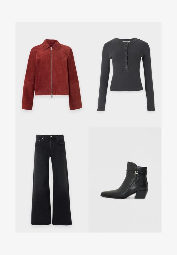 Veste en daim rouge rouille avec fermeture éclair argentée à l'avant et col pointu, manches longues et ourlet droit.; Chemise à manches longues, gris foncé côtelée, avec un col rond et cinq boutons noirs sur la patte de boutonnage avant.; Jean noir taille haute à jambes larges avec bouton et fermeture éclair à l'avant, passants pour ceinture, et design classique à cinq poches.; Bottines en cuir noir avec un bout pointu, un petit talon carré et une sangle décorative avec une boucle en argent. Texture lisse.