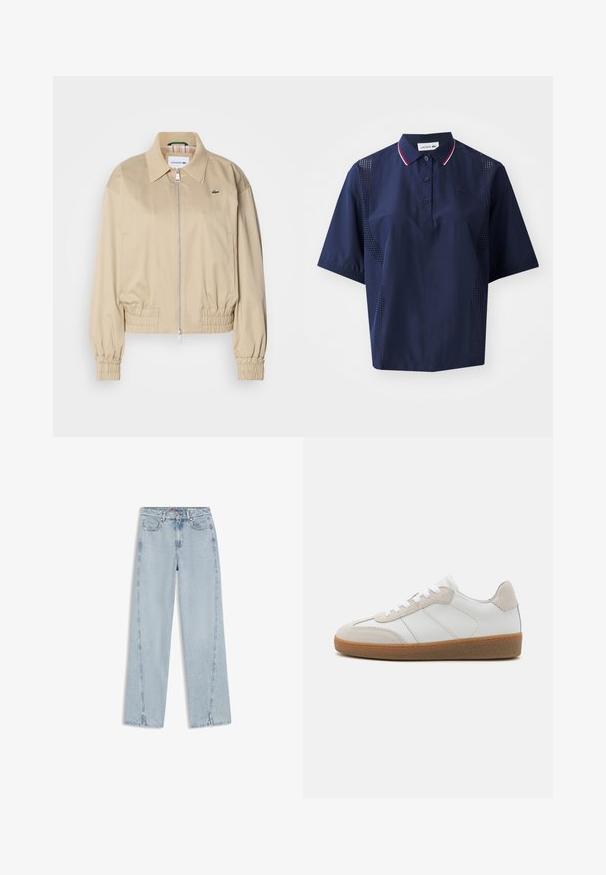 Beige cropped jakke lavet af letvægtsstof, med fuld lynlås, elastiske ærmer og et diskret logo på brystet.; Mørkeblå kortærmet polo shirt med knaplukning, kontrasterende krave med røde og hvide detaljer samt perforerede sider for åndbarhed.; Lyseblå højtaljede straight-leg denim jeans med forlommer, bæltestropper, knaplukning og små slidser i bunden af benene.; Hvide lædersneakers med beige ruskindsdetaljer, struktureret tunge og gummisål. Har hvide snørebånd og diskrete stikninger.