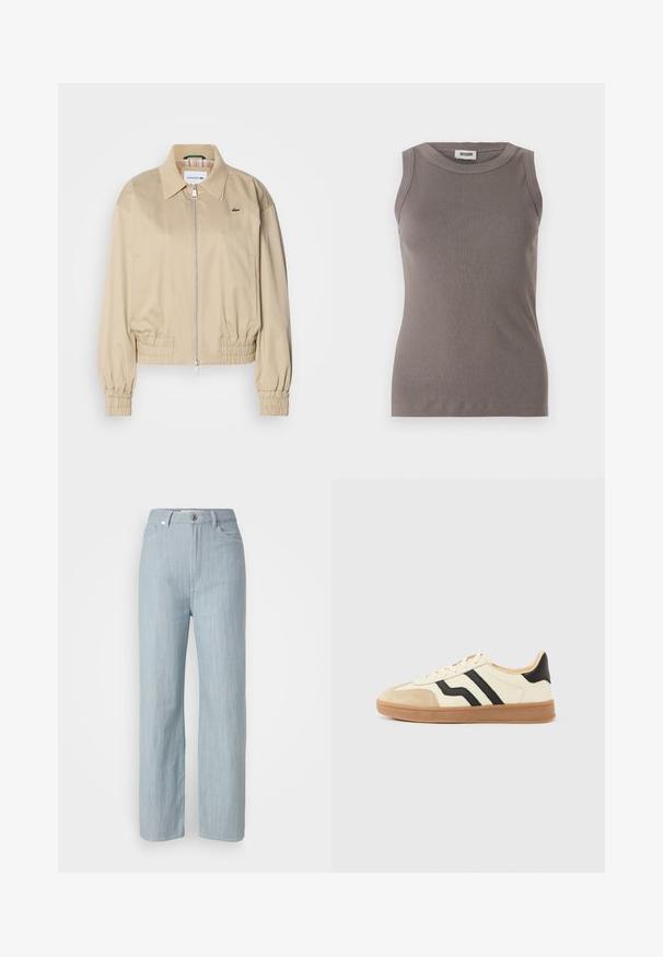 Beige cropped jakke lavet af letvægtsstof, med fuld lynlås, elastiske ærmer og et diskret logo på brystet.; Grå ribbede tanktop med rund halsudskæring og ærmeløs design, lavet af et blødt, tekstureret stof. Enkel, tætsiddende silhuet.; Lysblå straight-leg jeans lavet af denim. Har fem lommer, en metal knaplukning og subtile slidser for tekstur.; Snørestøvler med en cremefarvet overdel med sorte striber og en ruskindsnæsetip, suppleret med en brun gummisål.