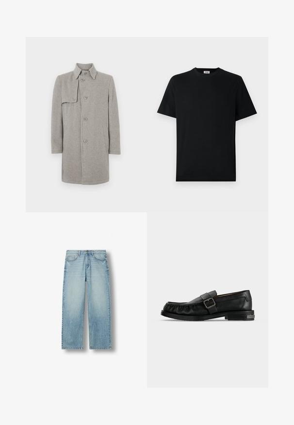 Grå uldblandingsfrakke med krave, knaplukning og en lomme på venstre side. Lange ærmer med en lige silhuet.; Simpel sort kortærmet T-shirt med rund hals, præsenteret fladt mod en hvid baggrund, med et lille mærke syet ind i kraven.; Lyseblå straight-leg cowboybukser med fem lommer og knaplukning, vist mod en hvid baggrund.; Sort læderloafer med spænde, syningsdetaljer omkring tåen og en lav hæl med metalaccent.