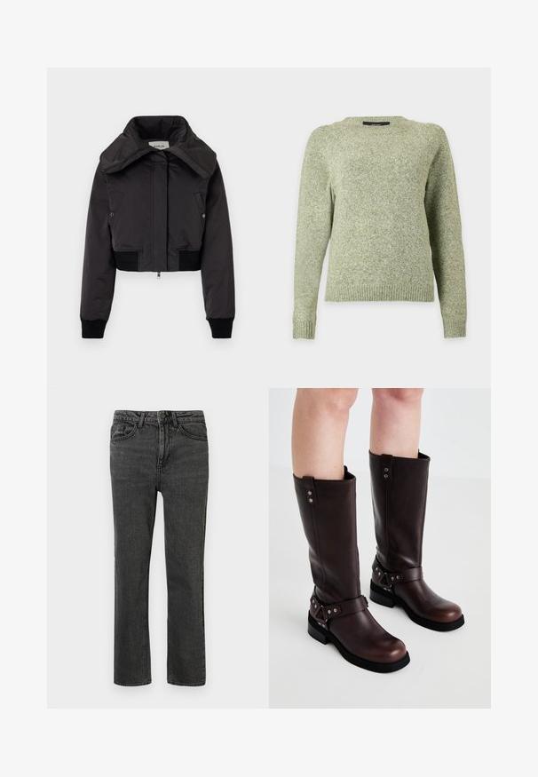 Replay JACKET - Blouson Bomber - black; Pull vert clair en maille avec col rond, manches longues et poignets et ourlets côtelés, présenté sur un fond uni.; Jeans en denim noir avec une coupe droite, comportant cinq poches, des passants de ceinture et une fermeture à bouton à l'avant. Le tissu texturé présente une légère usure.; Bottines en cuir marron jusqu'aux genoux avec une texture lisse, dotées d'une large sangle et d'accents en métal triangulaires, semelles en caoutchouc plates.