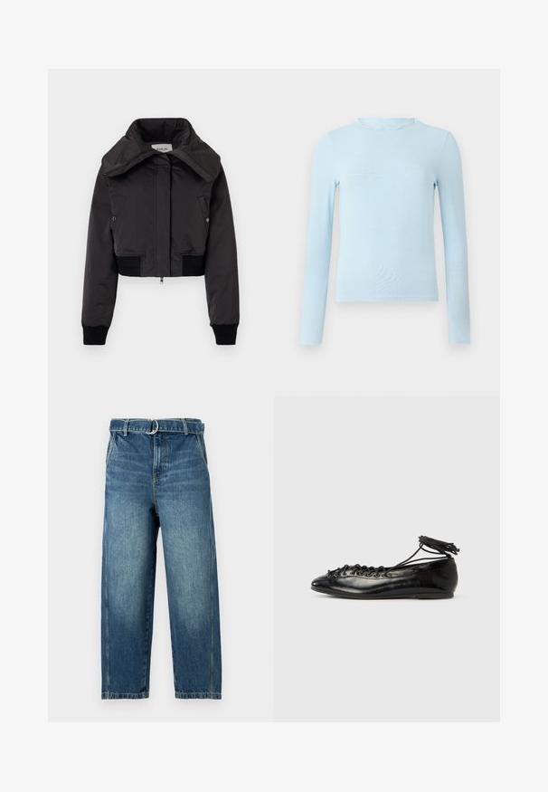 Replay JACKET - Blouson Bomber - black; Haut bleu clair à manches longues en tissu lisse, présentant un col à bordures festonnées et une coupe ajustée, avec un ourlet droit et sans motifs.; Jean en denim bleu avec une taille haute, des jambes larges et une ceinture avec un anneau en métal. Présente des décolorations et des effets d'usure subtils sur le tissu.; Ballerines en cuir verni noir avec un bout rond, un design à lacets et une semelle plate. Texture lisse avec peu de détails.