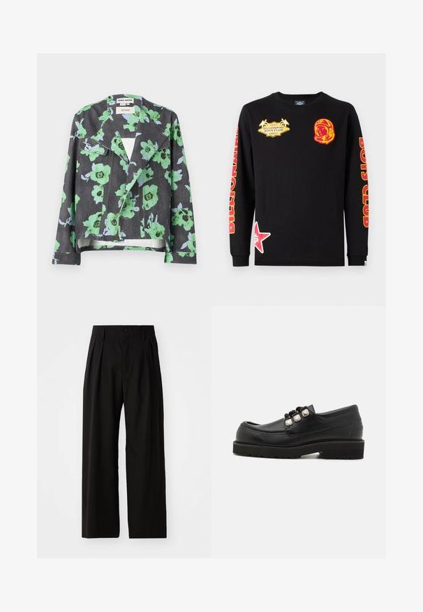 Veste florale avec un fond noir, de grandes fleurs vertes et bleues, un col à revers et des poches avant. Fabriquée en tissu texturé.; T-shirt noir en coton à manches longues avec des motifs graphiques rouges et jaunes, comprenant un astronaute et une étoile, avec le texte "Billionaire Boys Club".; Pantalons larges noirs avec une texture lisse, dotés de deux plis avant, d'une fermeture à bouton et de poches latérales. Tissu durable.; Mocassins en cuir noir avec un bout arrondi, présentant trois accents métalliques et une semelle texturée pour une meilleure adhérence. Tige lisse et détails cousus.