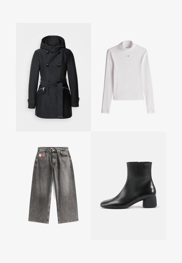 Sort frakke med dobbeltbrystet design, store knapper, hætte og bælte i taljen. Inkluderer sidelommer med lynlås og en glat stofstruktur.; Hvid ribbet langærmet rullekrave med en lille Tommy Hilfiger-logo centreret under kraven.; Vide ben jeans i falmet sort denim med en frontknaplukning, fem lommer og et lille rødt og hvidt mærke på baglommen.; Sort læderankelstøvle med afrundet firkantet tå, sidelås og chunky lav hæl på ensfarvet lys baggrund.