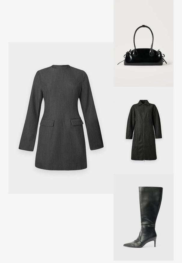 Manteau long gris foncé avec un col, des manches longues, une fermeture éclair à l'avant et deux poches verticales sur un fond uni.; Robe ajustée grise avec des manches longues, un col rond et deux poches avant. Réalisée en tissu texturé, elle présente un design élégant et structuré.; Bottes noires en cuir montant jusqu'au genou, avec un talon fin, un bout pointu et des détails de lanière à la cheville. Texture lisse et design ajusté.; Petit sac à main noir brillant avec deux longues anses et des détails à cordon sur les côtés sur un fond clair uni.