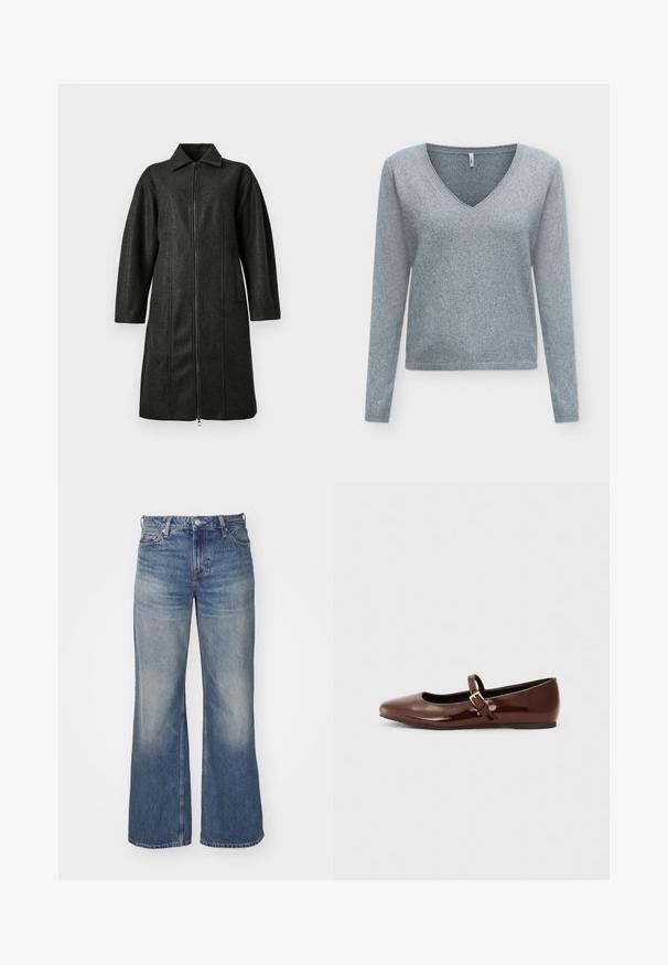 Manteau long gris foncé avec un col, des manches longues, une fermeture éclair à l'avant et deux poches verticales sur un fond uni.; Pull gris clair à manches longues avec un col en V, une texture douce et des bords côtelés au niveau de l'encolure, des poignets et de l'ourlet.; Jean en denim bleu clair avec un design à jambes larges, présentant un délavage, cinq poches et un zip à bouton. Surpiqûres détaillées le long des coutures.; Ballerine en cuir verni marron avec un bout carré et une lanière ornée d'une petite boucle dorée. Texture lisse, talon bas et design minimaliste.